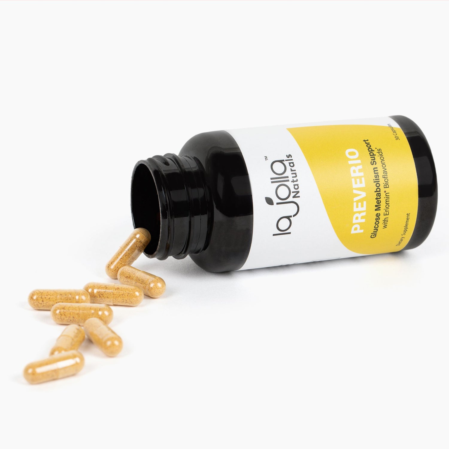 Bottle of Preverio Glucose Metabolism Support on its side with capsules spilling out